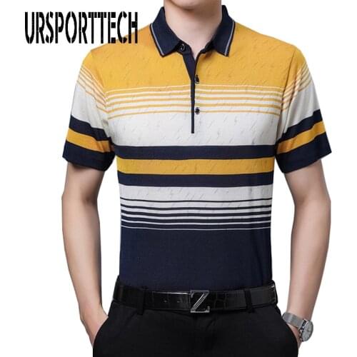 URSPORTTECH Brand Mens Polo Shirt Summer Fashion Casual Short Sleeve Striped Designer Polo Shirt For Men Dad Breathable Shirt