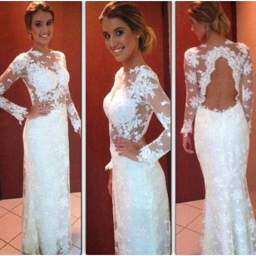 Vestidos de festa White Sheer Jewel Appliqued Long Sleeve Keyhole Back Evening wedding Party mother of the bride Dresses