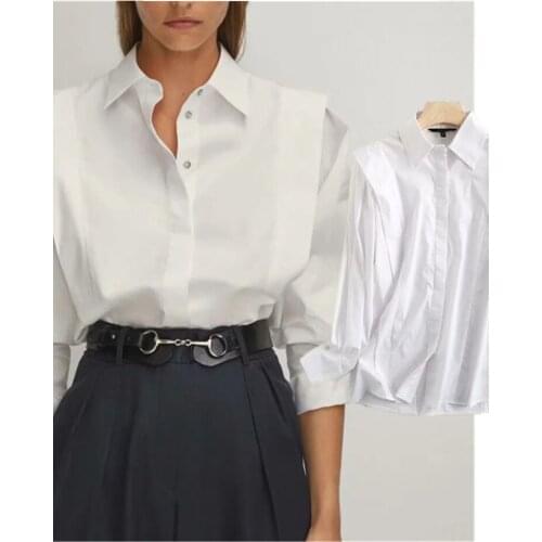 Autumn Blouse Women England High Street Vintage Pleated Loose Splicing White Casual Blusas Mujer De Moda 2020 Shirt Top