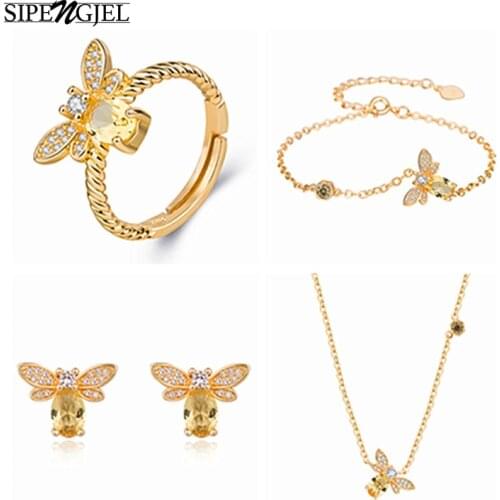 SIPENGJEL Fashion Cubic Ziconia Gold Bee Earrings Necklace Ring Bracelet Set Crystal Earrings For Women Korean Jewelry Set