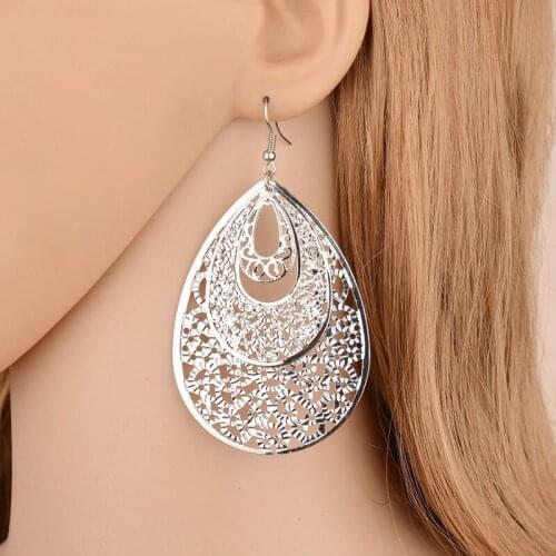 2020 Womens Earrings Fashion Vintage Big Hollow Out Water Drops Chinese Ethnic Jewelry Pendientes Dangling Earrings for Women