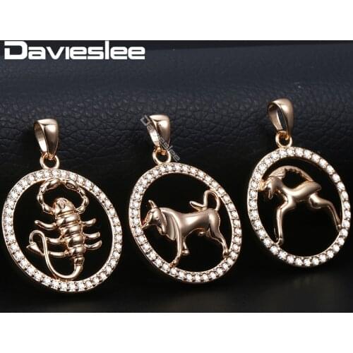 Davieslee Pendant Necklace For Women Men12 Zodiac Sign Constellation Rose Gold Filled White Stones Round Shaped LGPM17