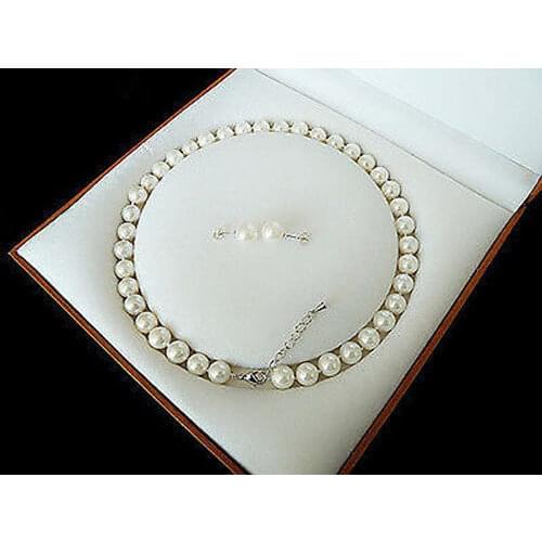 Womens Wedding Beautiful 8MM White Akoya Cultured Shell Pearl Necklace Earring Set 18" real Ms. girl Wedding-jewelry