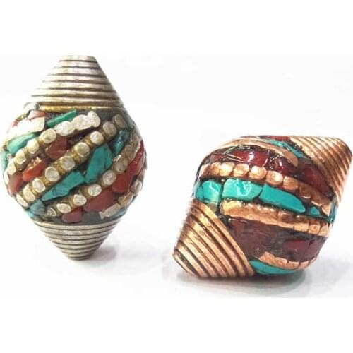 2 Beads Nepal Hand Metal Beads Inlay Colorful Stone Shuttle Beads DIY Jewelry Accessories NBB312