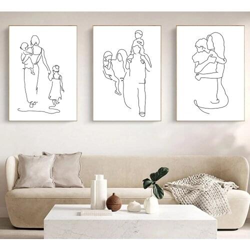 Abstract Line Drawing Print Dad Mom And Son Daughters Family Wall Art Canvas Poster Minimalist Wall Painting Pictures Home Decor