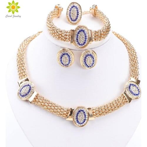 African Costume Jewelry Sets Women Gold Color Beads Rhinestone Oval Shape Necklace Set Dubai Nigerian Wedding Accessories