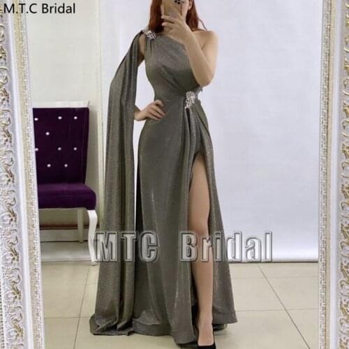 Bling Grey Arabic Evening Dress With Cape One Shoulder High Slit Sexy Long Special Occasion Dresses Plus Size Prom Party Gowns