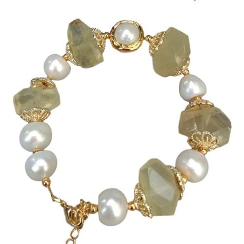 YYGEM Natural Lemon Quartz faceted nugget White Keshi Freshwater Pearl strand Bracelet