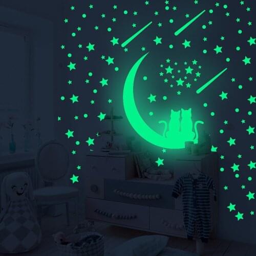 3645 Couple Cat Luminous Night Glow Wall Sticker Moon Star Dot Meteor Fluorescent Sticker Valentines Day Cartoon Wall Sticker