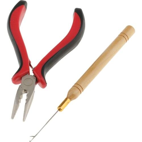 Hair Extensions Pliers with Wooden Pulling Hook Set For Silicone Micro Ring Loop Bead
