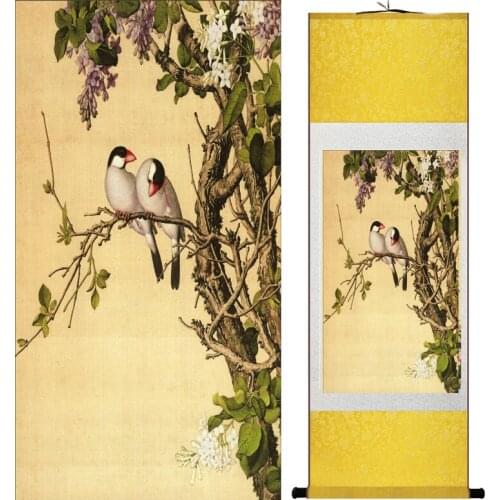 LangShining ink painting Birds and flower Painting Spring Ink wash painting silk scroll birds and flower painting