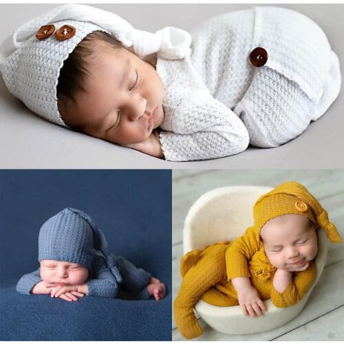 2pcs/Set New Newborn Infant Baby Girls Boys Solid Colors Knitted Photography Prop Clothing Footed Romper Button Overalls Hat