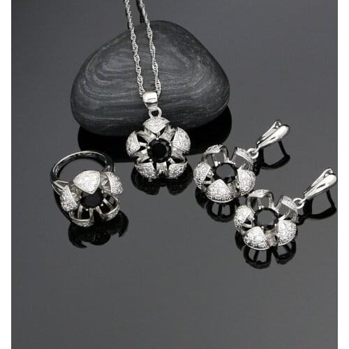 Natural Black Cubic Zirconia White Crystal Silver 925 Jewelry Sets For Women Earrings/Pendant/Rings/Necklace Set