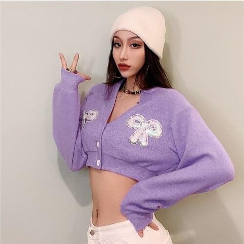 V-Neck Sweater Women Autumn Winter 2020 Sequins Bow Short Knitted Cardigan Coat Temperament Sweet Purple Sweaters