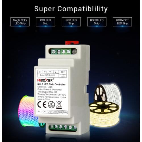 Miboxer 5 in 1 DIN Rail LED Strip Controller LS2S Single color/CCT/RGB/RGBW/RGB+CCT Lamp Tape dimmer DC12V 24V Max10A