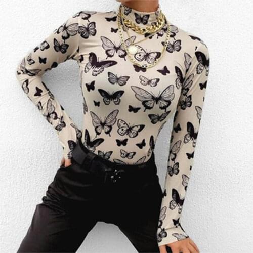 Fashion Butterfly Pattern Long Sleeve T-Shirts E-Girl Half Turtleneck Slim Bodycon Tees Spring Autumn Women Harajuku Tops Street