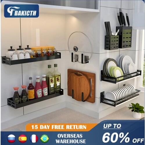 Bakicth Punch-free Black Wall-mounted Kitchen Rack Wall-mounted Multi-function Spice Storage Rack Kitchen Supplies Five Pendants