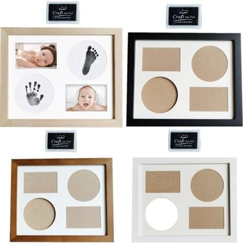 Newborn Ink Handprint Footprint Photo Frame Set Wooden Baby Picture Frame Ornaments Baby Birthday Souvenir Keepsake Shower Gift