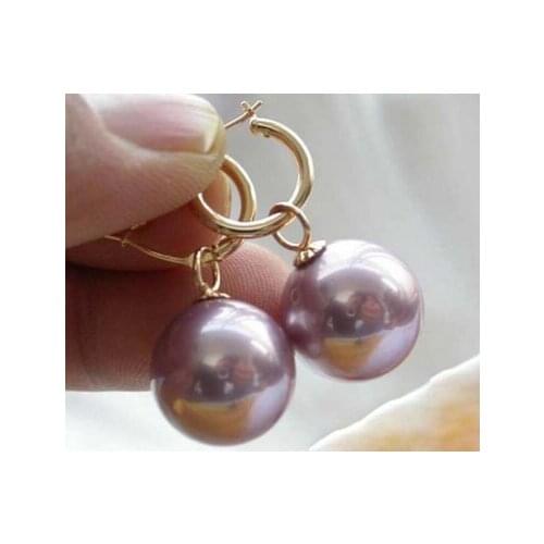 Huge 14mm Purple South Sea Shell Pearl Round 14K Gold Plated Earrings Lovely Fine Nobility Ladys Womens Earrings