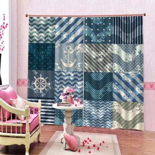 Europe style 3D Shower curtain Cartoon Fashion Blue Wavy stripes Living room bedroom kitchen Blackout curtains