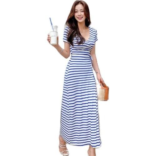 Stripe Maxi Ａ line Dress one piece korean ladies Summer SHort Sleeve V neck robe Sexy robe cabaret party Dresses for women