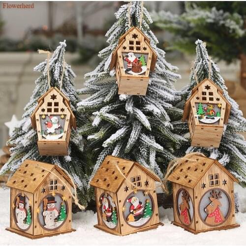 Christmas New Wood Decoration Cabin Illuminated Lights Hanging Christmas Tree Ornaments DIY Small House Christmas Decor for Home