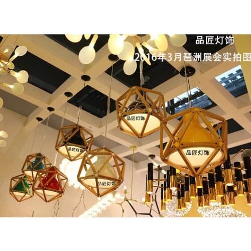 Modern Multi-purpose use block 2 wood diamond polyhedron Pendant Light iron Living dining room bar Study hanging lighting