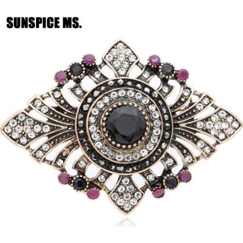 Hot Vintage Turkish Women Flower Resin Antique Brooch Ethnic Retro Rhinestone Corsage Jewelry Indian Bohemia Hijab Lapel Pins