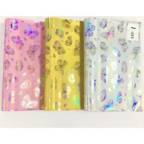 135*30cm Butterfly Pattern Embossed Mirror Metallic Laser Effect PU Holographic Faux Leather Fabric for Shoe/Bag/Handbag/Craft