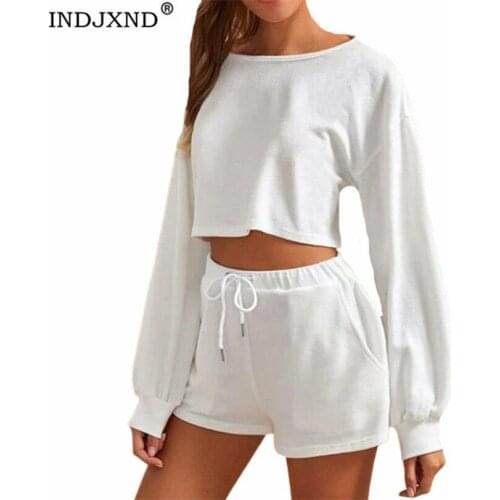 INDJXND Spring Casual Solid Sweater Two Piece Outfits Tracksuit Womens Puff Sleeve Top And Shorts Suits Summer Matching Sets