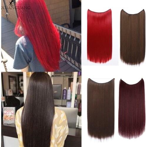 XUANGUANG Real Natural Synthetic Fake No Clip In Halo Hair Extensions Invisible Wire Secret Fish Line Hair Pieces Silky Straight