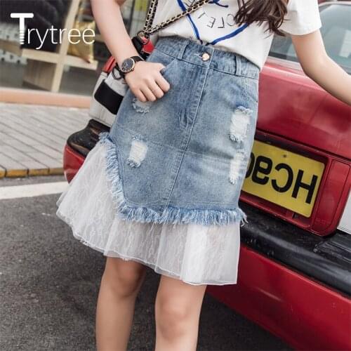 Trytree 2020 Spring Women Casual Skirt Button Pockets Tassel Patchwork Gauze Mermaid Fashion Cowboy Empire Mini A-line Skirt