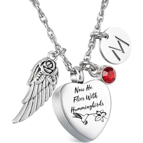 Stainless Steel Pet Human Cremation Jewelry Hummingbird Ashes Urn Necklace pendant with Birthstone & Letter Initial Charm