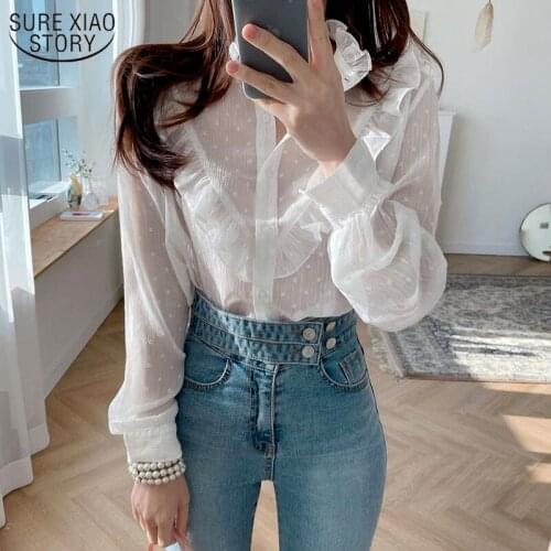 2021 Women Long Sleeve Shirt Autumn New Ruffled Chiffon Blouse Vintage See Through Single Breasted Shirt Ropa De Mujer 15783