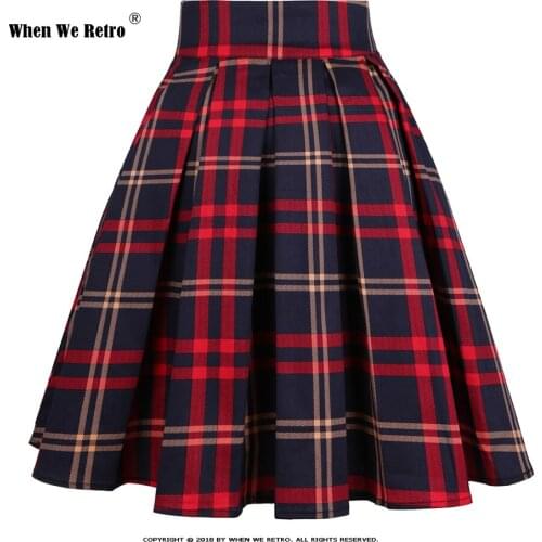 2021 Blue Red Checked Autumn Plaid Skirt SS0012 High Waist Pleated Women Cotton 50s 60s Vintage Skirts