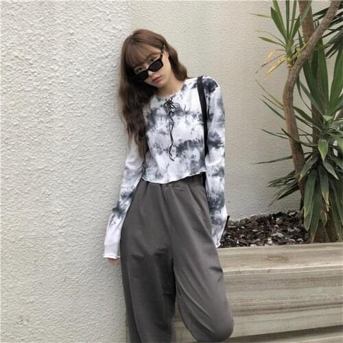 Womens Cloth Tops Korean Vintage Casaul Ladies Ins Tie-dye Slim Long-sleeved Loose Fashion Women Short T-shirt