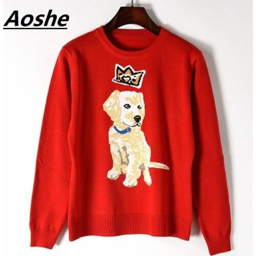 Woman Sweater Pullovers Long Sleeve 2018 Newest Gold Embroidery Crown Dog Pattern Chic Knit Sweaters Casual Jumper