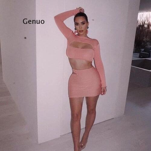 Two Piece Dress Women Long Sleeve Hollow Out Bodycon Sexy Mini Dress Club Party Clothing Vestidos