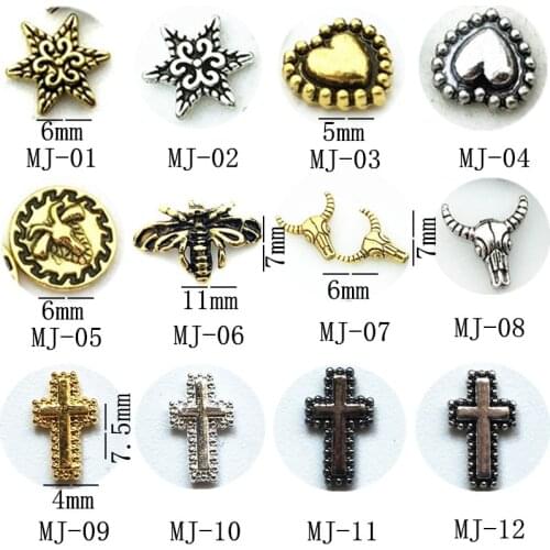 50pcs/pack metal nail art snowflower heart bee sheep god cross cattle 3d jewelry gel nails sticker decoration art tools