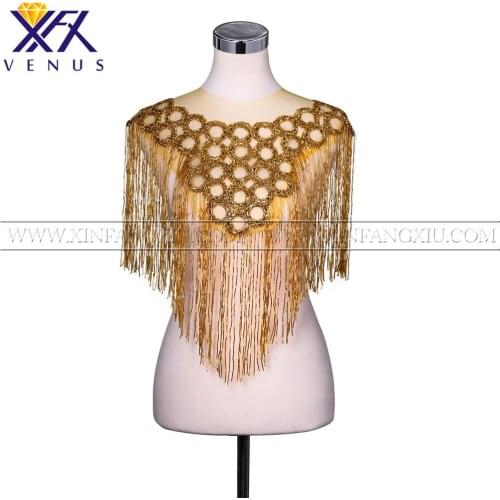 XFX 1 Piece front&back Silver Handmade Dress Tassel Applique Bodice Bugle Patches Beaded Applique Beads Patch Handcraft Apparel