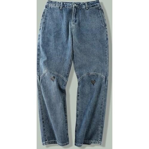 Hip Hop Love Print Patchwork Jeans Men Harajuku Retro Streetwear Water Wash Wide Leg Pants 2021Joggers Oversized Sports Trousers