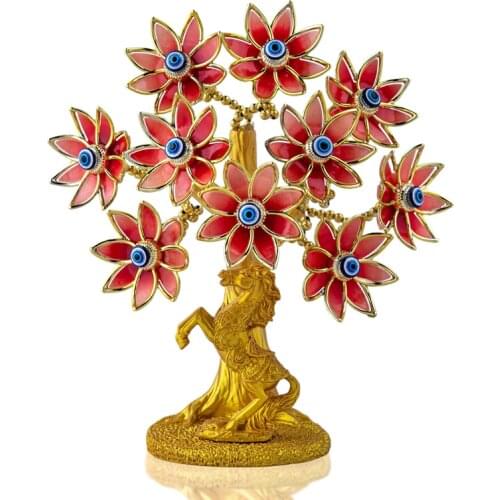 H&D Lucky Blue Evil Eye Tree with Horse Figurine Artificial Flowers For Wealth Health Protection Showpiece for Home Office Decor