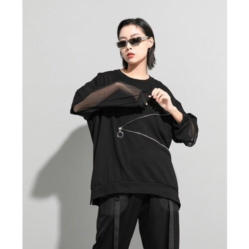 2021 spring and summer new personalized splicing mesh fashion T-shirt street fashion brand zipper decoration loose casual top