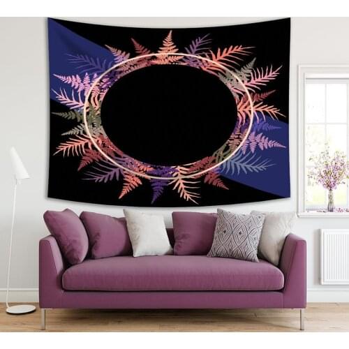 Tapestry Fern Plant Leaves in Circle Wreath Exotic Floral Decorative Artwork Printed Black Blue Purple Pink