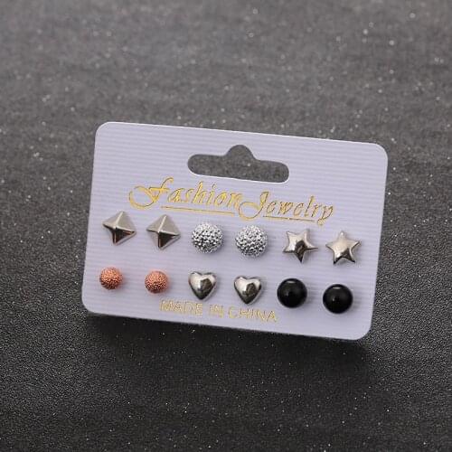 HTZZY New Cute Earrings for Women Creative Geometric Stud Earrings Jewelry Personality Small Stars Hearts Earrings Set 6 Pairs