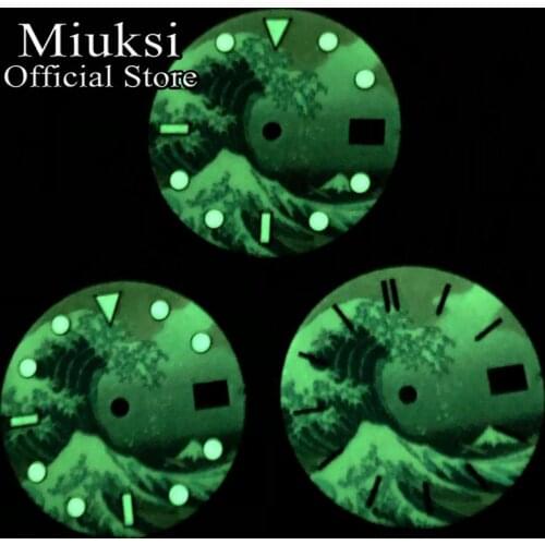 Miuksi 28.5mm watch dial super green luminous dial fit NH35 movement