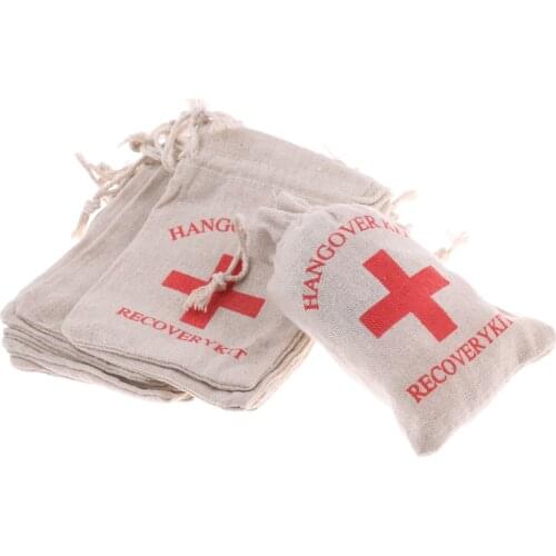 10 Pieces 5x4in HANGOVER KIT Muslin Cotton Bag Hen Stag Party Favour Bags