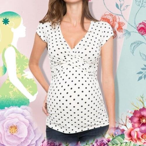New Summer Fashion Maternity shirt V-neck Short Sleeve Tee Tops Nursing Dot Print Top for Breastfeeding clothes camiseta