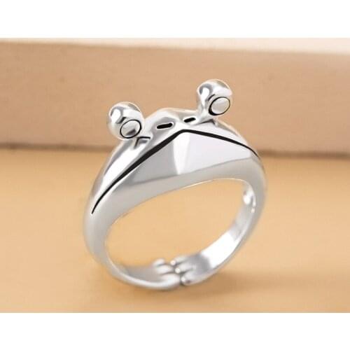 New creative frog open ring, retro three-dimensional frog animal adjustable silver ring