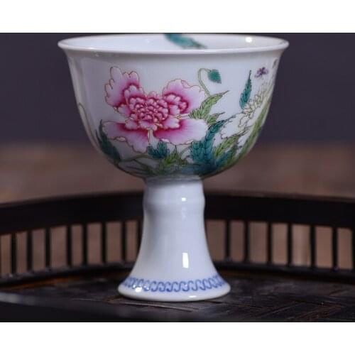 Hand-painted Famille Rose Peony Tall Cup/Ceramic Goblet